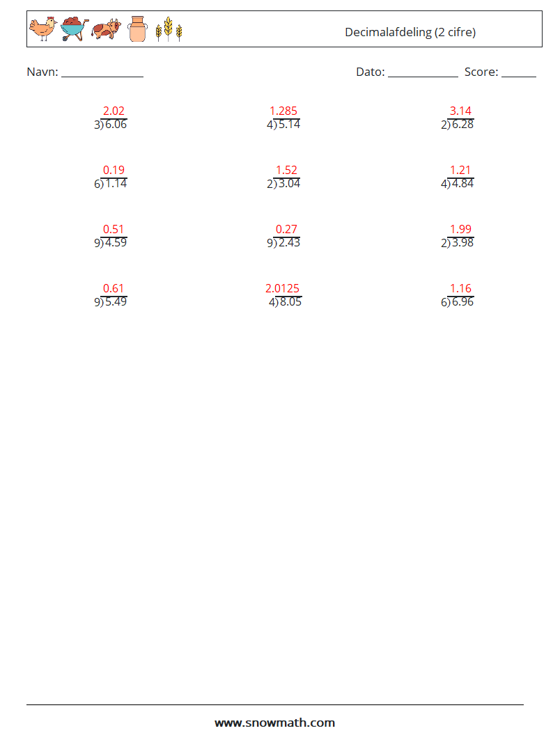 (12) Decimalafdeling (2 cifre) Matematiske regneark 12 Spørgsmål, svar