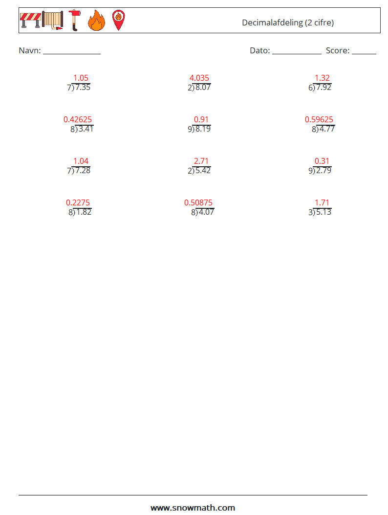 (12) Decimalafdeling (2 cifre) Matematiske regneark 15 Spørgsmål, svar