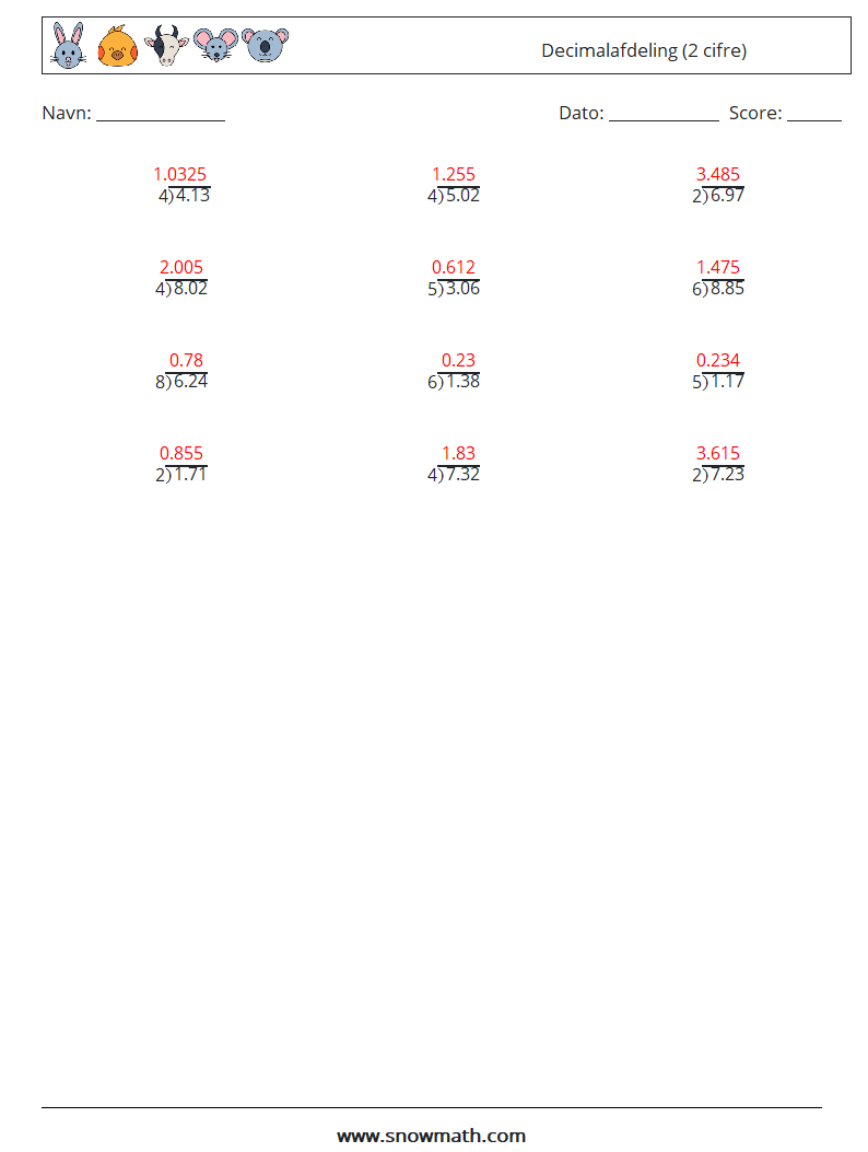 (12) Decimalafdeling (2 cifre) Matematiske regneark 17 Spørgsmål, svar