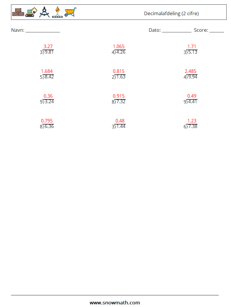 (12) Decimalafdeling (2 cifre) Matematiske regneark 6 Spørgsmål, svar