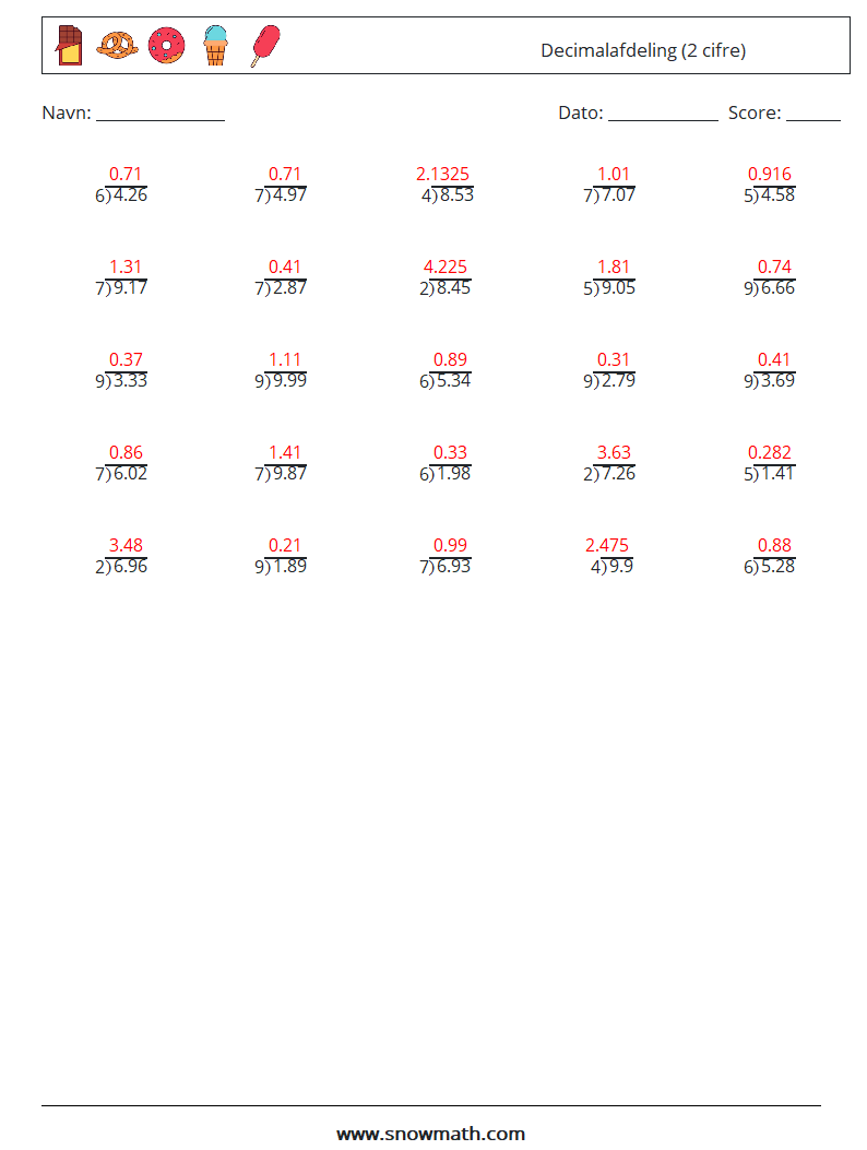 (25) Decimalafdeling (2 cifre) Matematiske regneark 13 Spørgsmål, svar