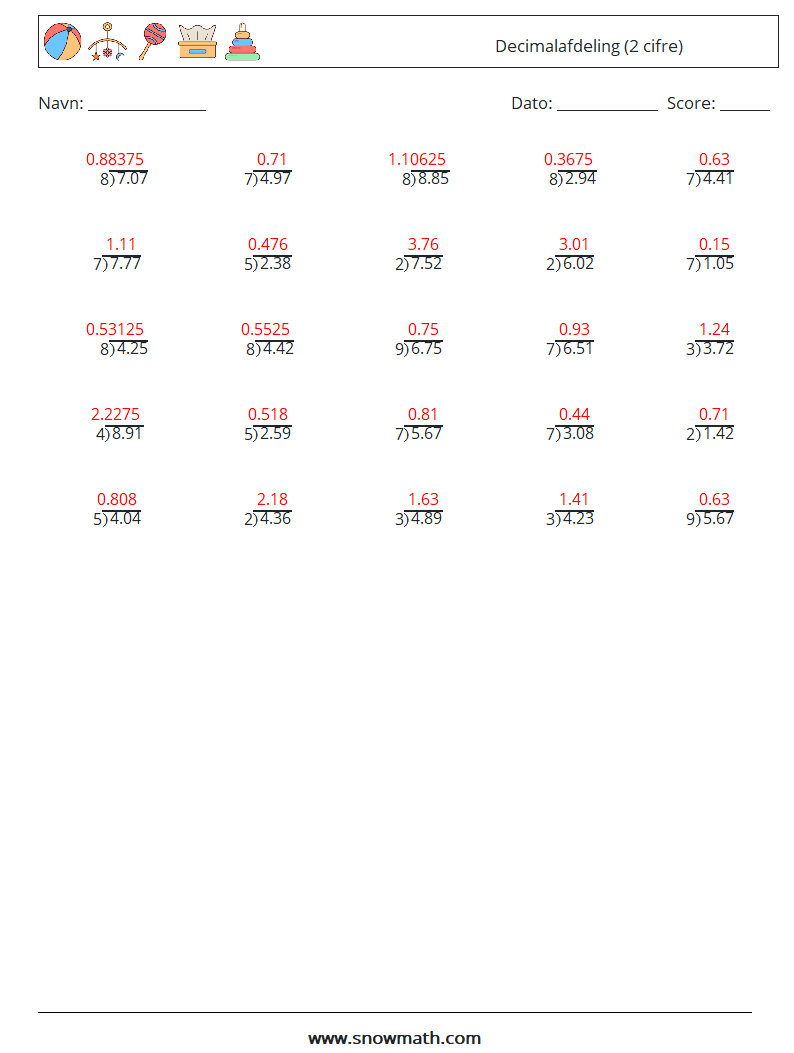 (25) Decimalafdeling (2 cifre) Matematiske regneark 17 Spørgsmål, svar