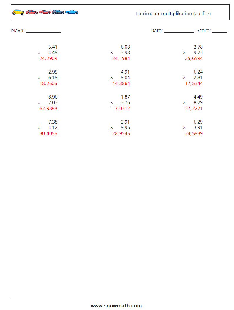 (12) Decimaler multiplikation (2 cifre) Matematiske regneark 10 Spørgsmål, svar