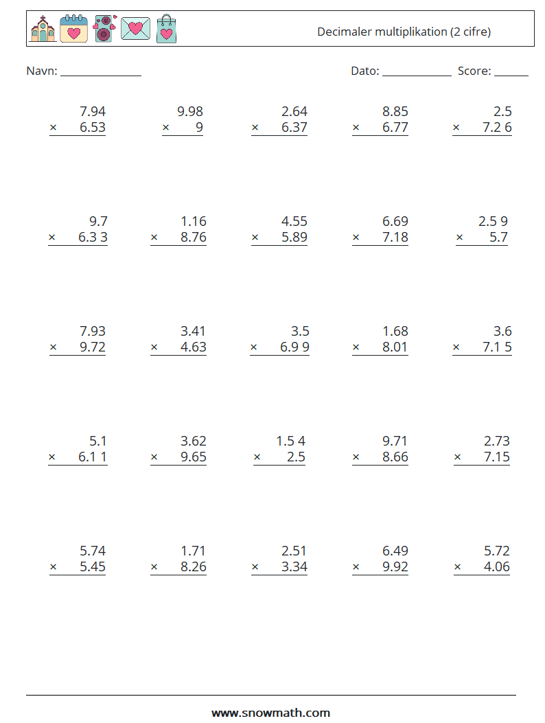 (25) Decimaler multiplikation (2 cifre) Matematiske regneark 10