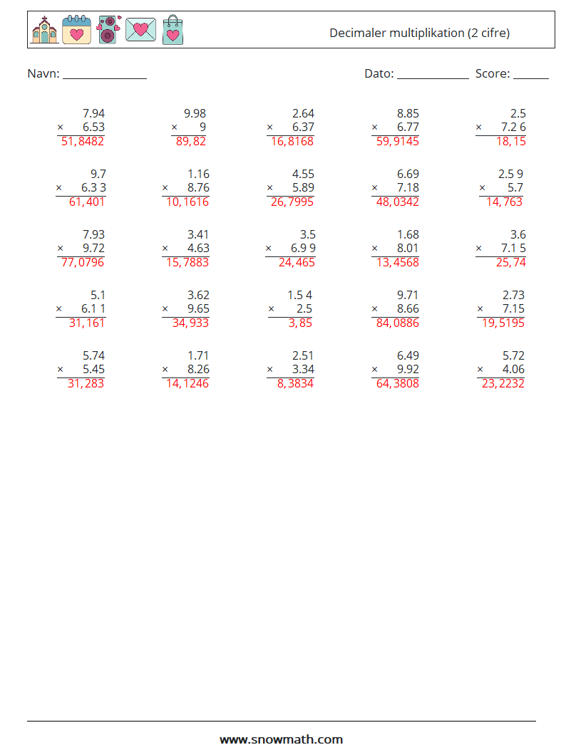 (25) Decimaler multiplikation (2 cifre) Matematiske regneark 10 Spørgsmål, svar