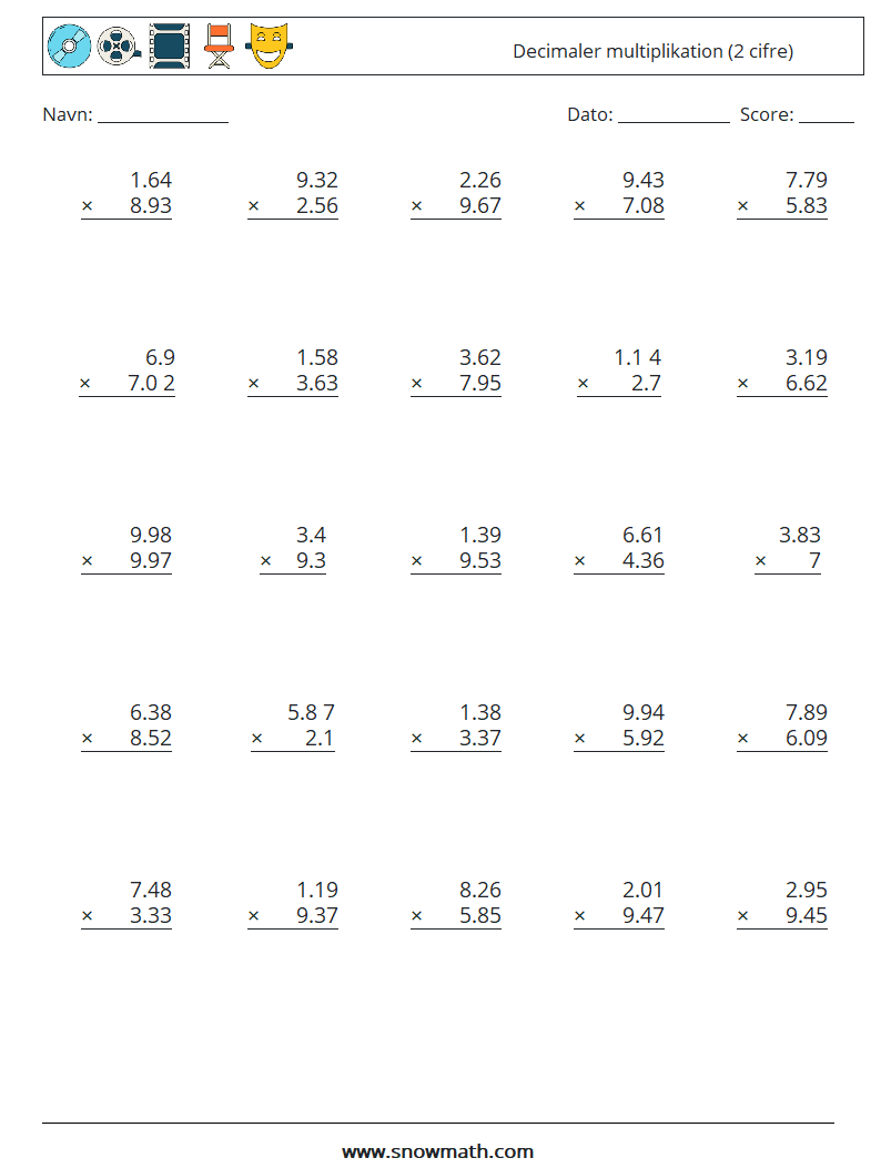 (25) Decimaler multiplikation (2 cifre) Matematiske regneark 11