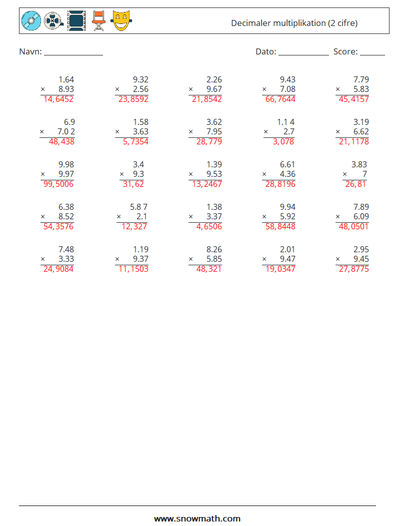 (25) Decimaler multiplikation (2 cifre) Matematiske regneark 11 Spørgsmål, svar