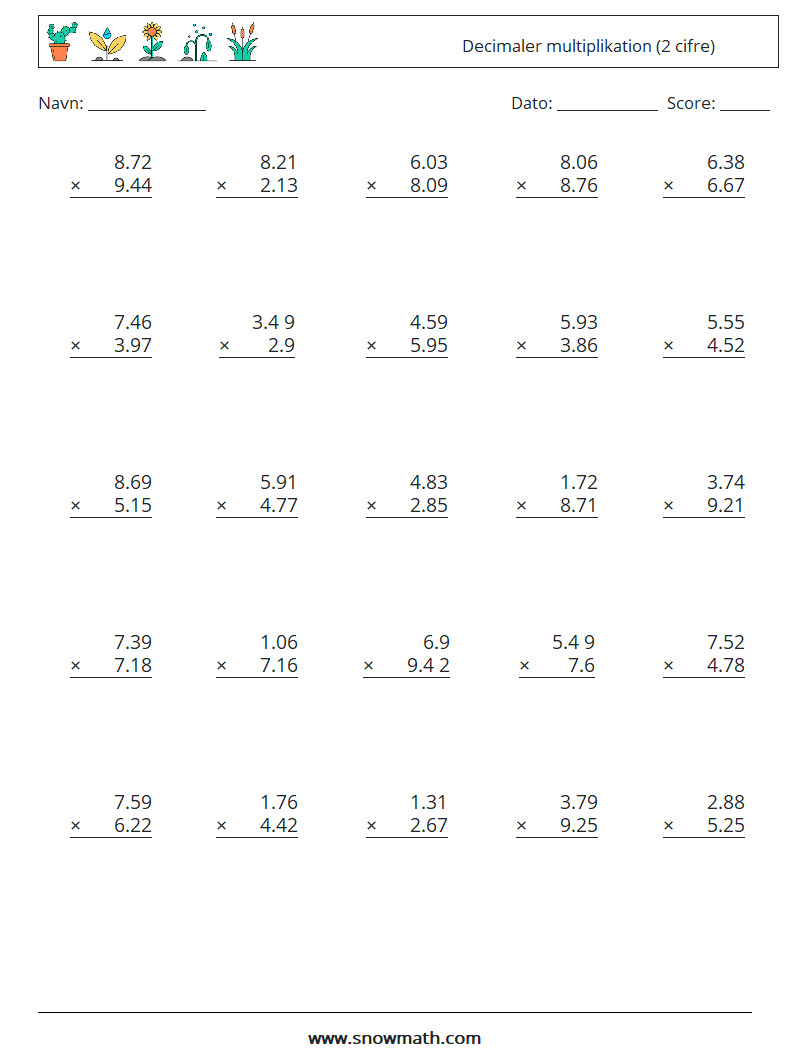 (25) Decimaler multiplikation (2 cifre) Matematiske regneark 12