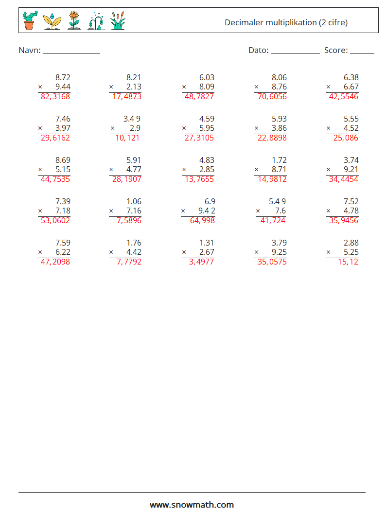 (25) Decimaler multiplikation (2 cifre) Matematiske regneark 12 Spørgsmål, svar
