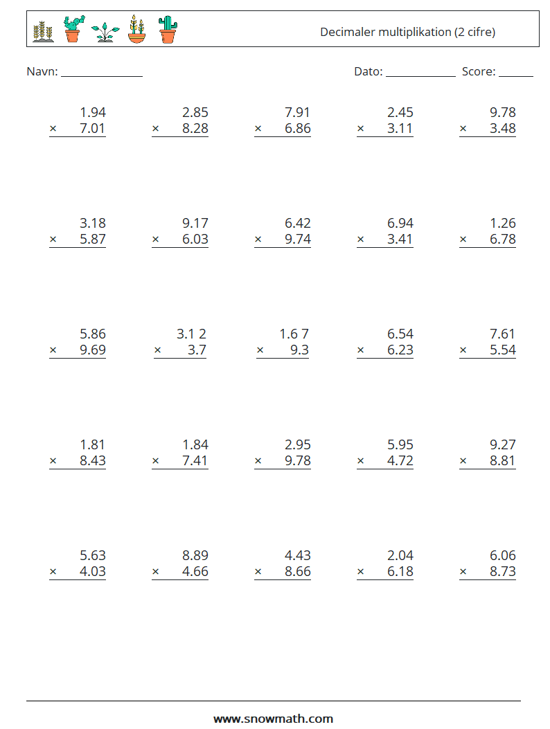 (25) Decimaler multiplikation (2 cifre) Matematiske regneark 13