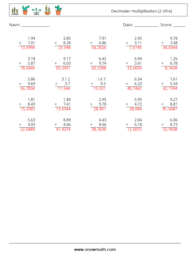 (25) Decimaler multiplikation (2 cifre) Matematiske regneark 13 Spørgsmål, svar