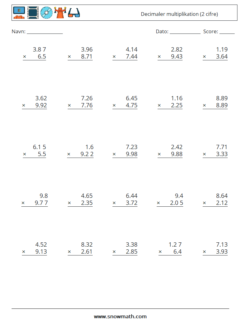 (25) Decimaler multiplikation (2 cifre) Matematiske regneark 14