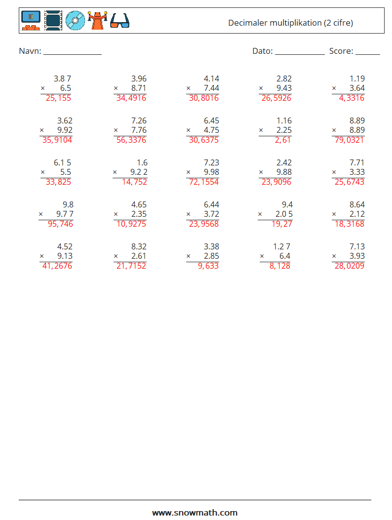 (25) Decimaler multiplikation (2 cifre) Matematiske regneark 14 Spørgsmål, svar