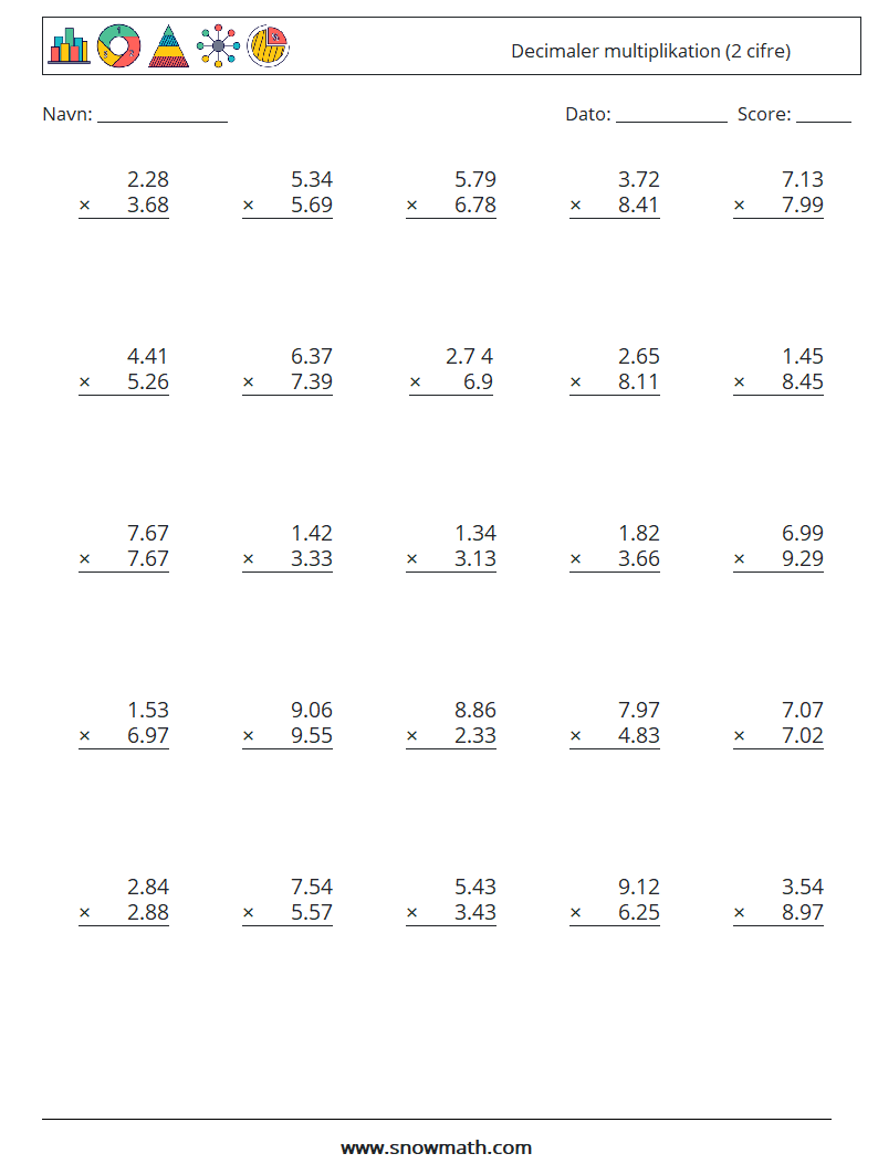 (25) Decimaler multiplikation (2 cifre) Matematiske regneark 15