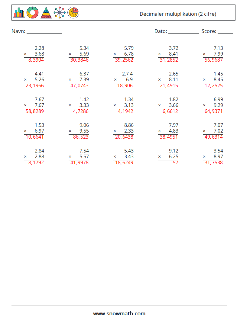 (25) Decimaler multiplikation (2 cifre) Matematiske regneark 15 Spørgsmål, svar