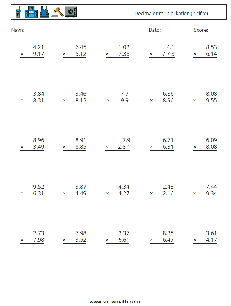 (25) Decimaler multiplikation (2 cifre) Matematiske regneark 16