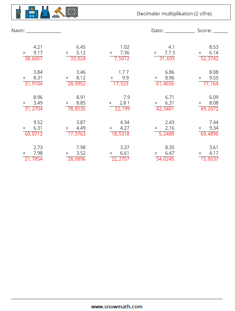 (25) Decimaler multiplikation (2 cifre) Matematiske regneark 16 Spørgsmål, svar