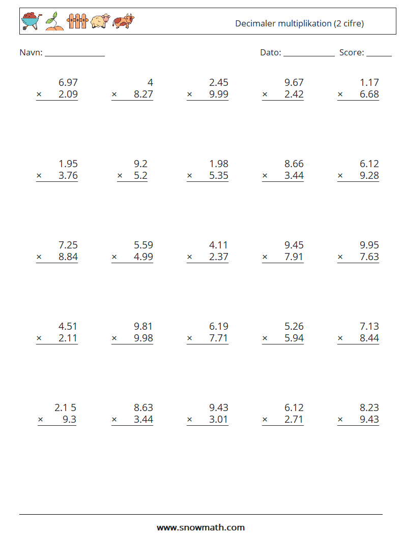 (25) Decimaler multiplikation (2 cifre) Matematiske regneark 17
