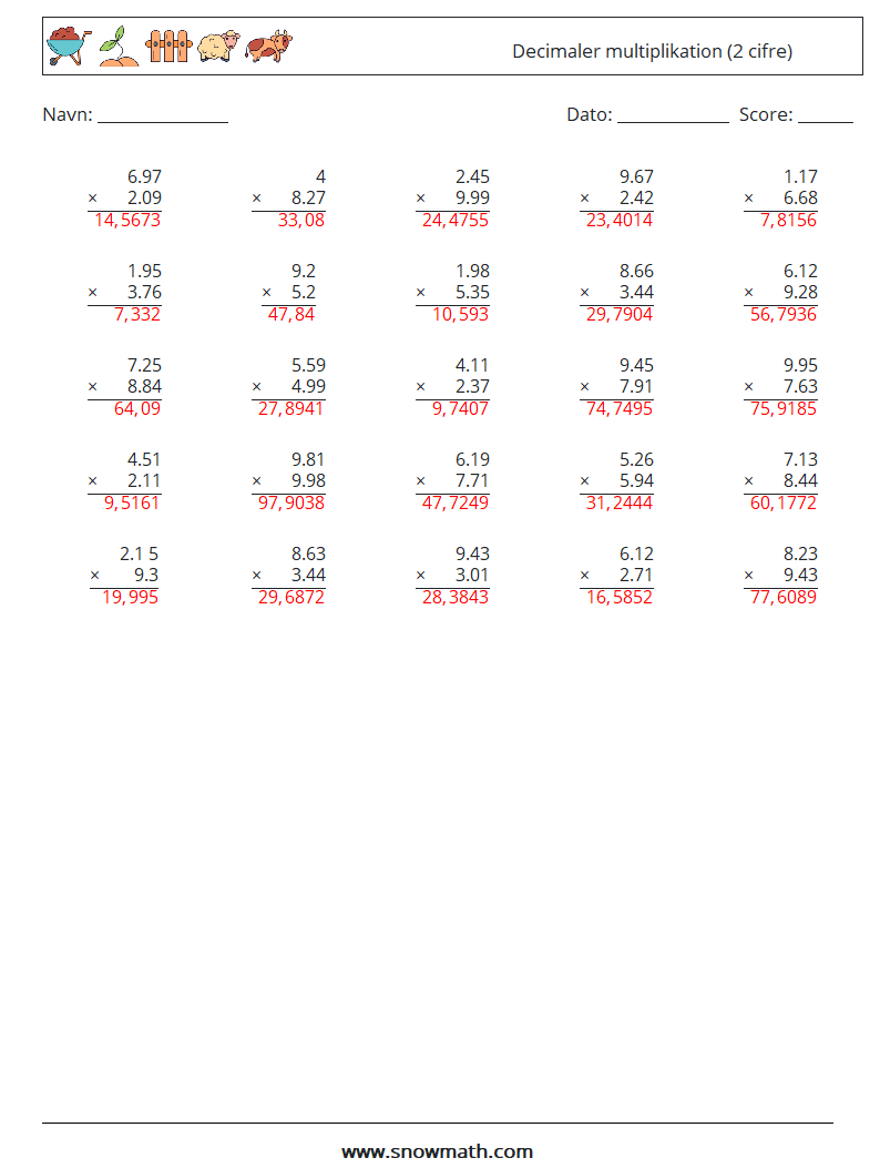 (25) Decimaler multiplikation (2 cifre) Matematiske regneark 17 Spørgsmål, svar