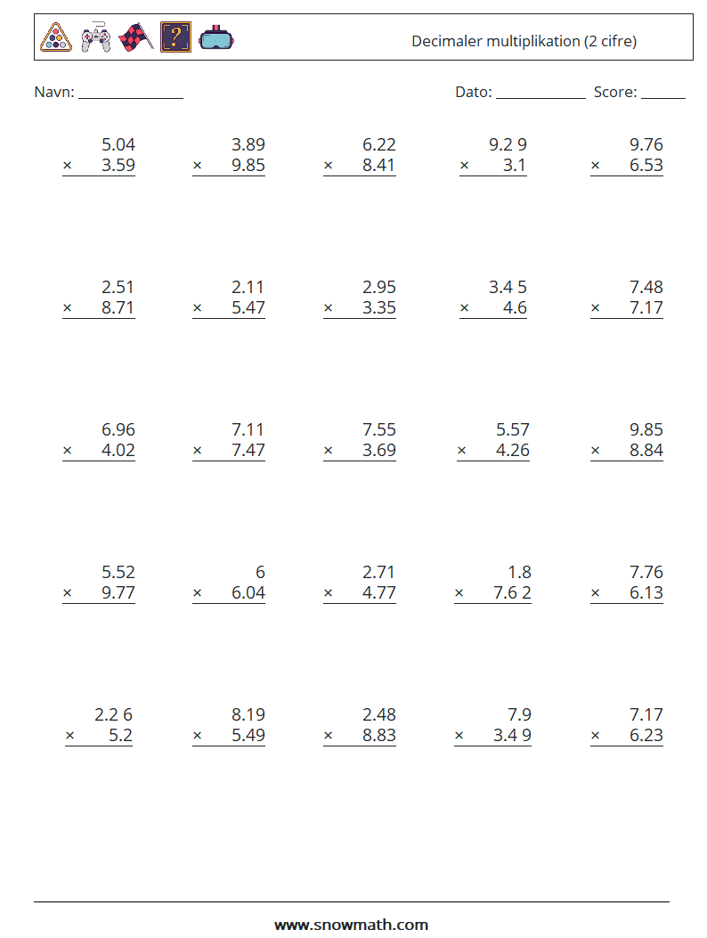 (25) Decimaler multiplikation (2 cifre) Matematiske regneark 18