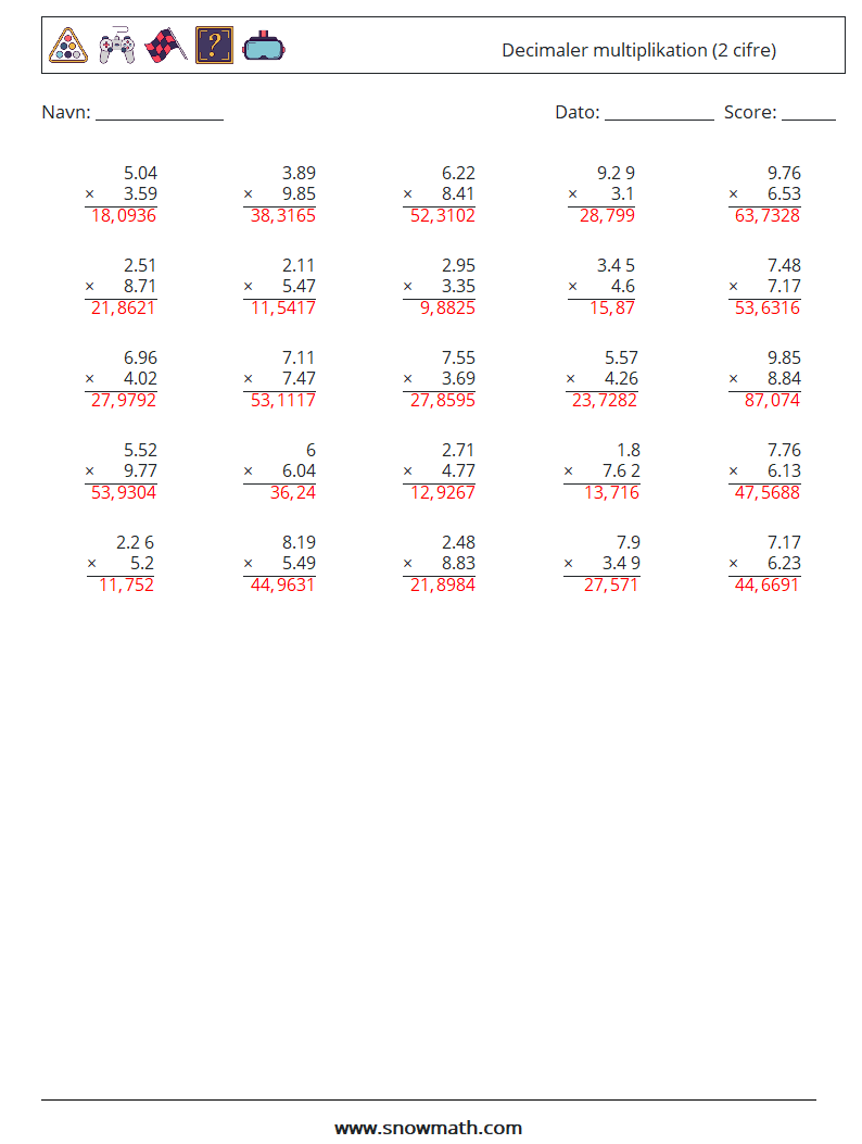 (25) Decimaler multiplikation (2 cifre) Matematiske regneark 18 Spørgsmål, svar