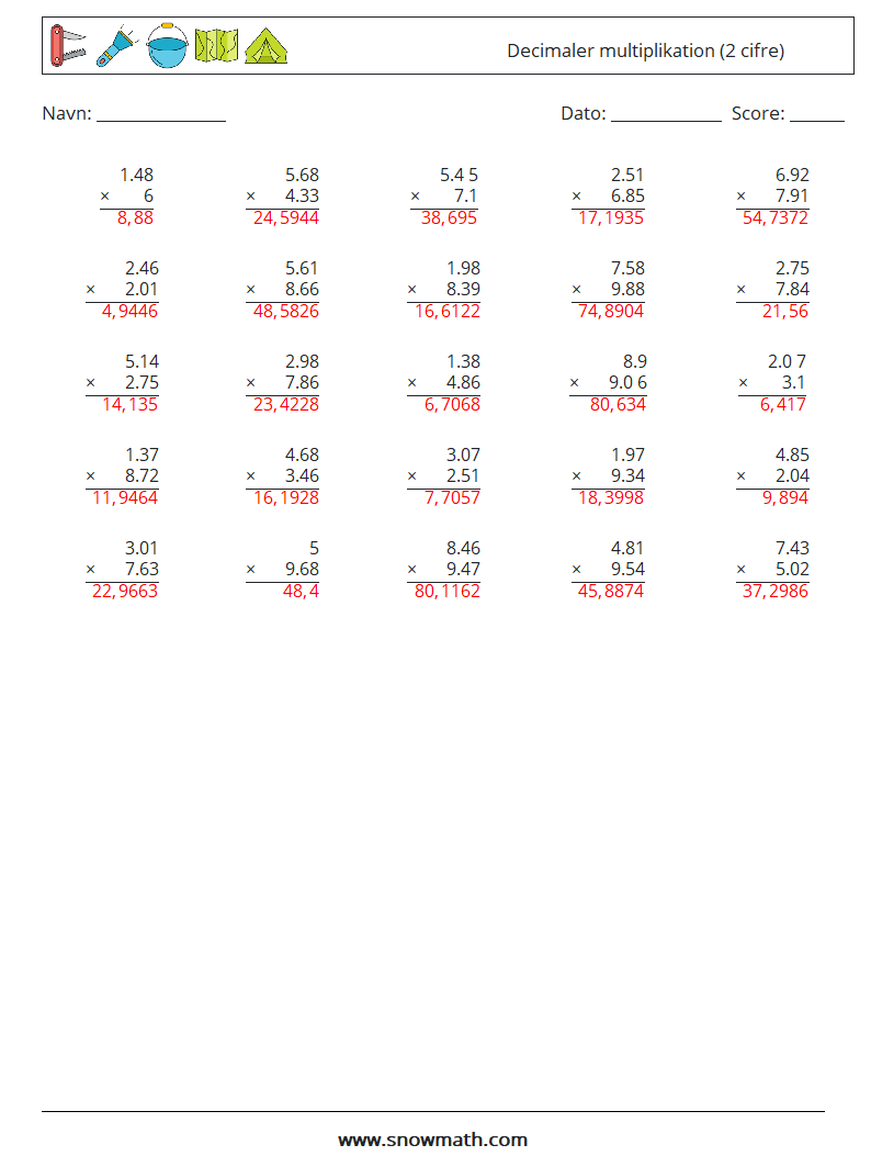(25) Decimaler multiplikation (2 cifre) Matematiske regneark 1 Spørgsmål, svar