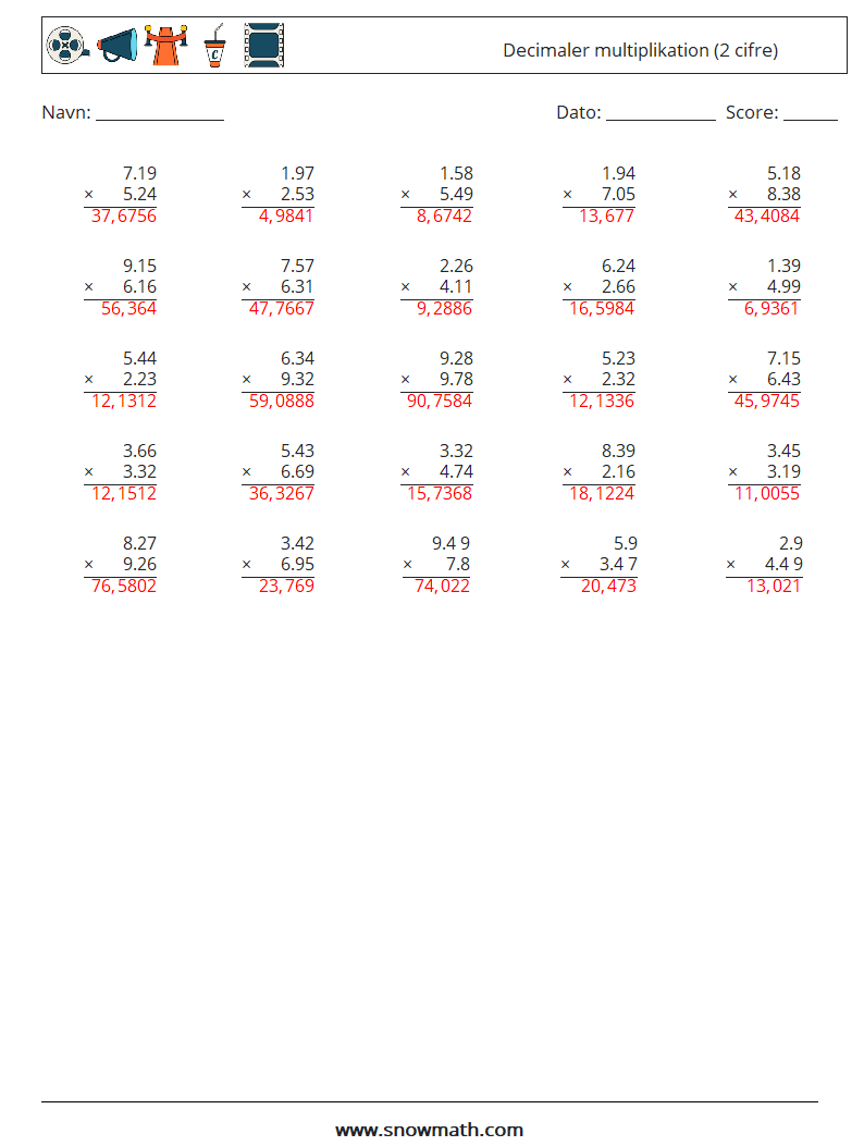 (25) Decimaler multiplikation (2 cifre) Matematiske regneark 2 Spørgsmål, svar