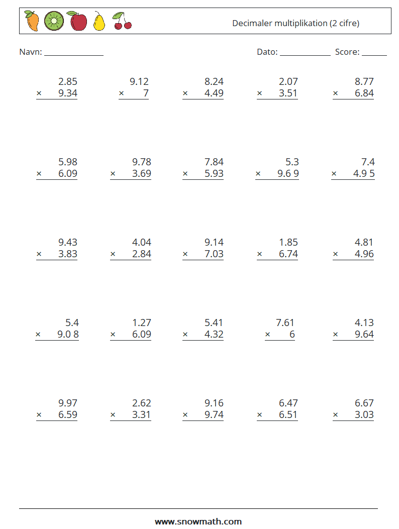 (25) Decimaler multiplikation (2 cifre) Matematiske regneark 3