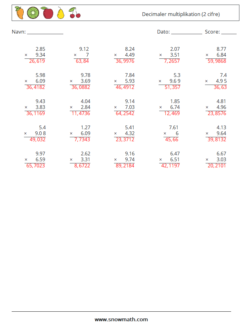 (25) Decimaler multiplikation (2 cifre) Matematiske regneark 3 Spørgsmål, svar