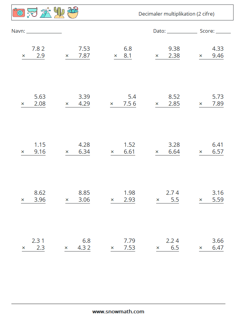 (25) Decimaler multiplikation (2 cifre) Matematiske regneark 4