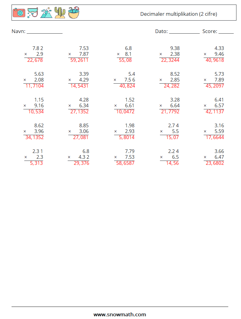 (25) Decimaler multiplikation (2 cifre) Matematiske regneark 4 Spørgsmål, svar