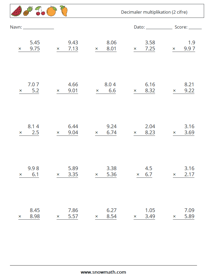 (25) Decimaler multiplikation (2 cifre) Matematiske regneark 5