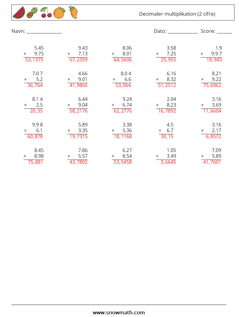 (25) Decimaler multiplikation (2 cifre) Matematiske regneark 5 Spørgsmål, svar