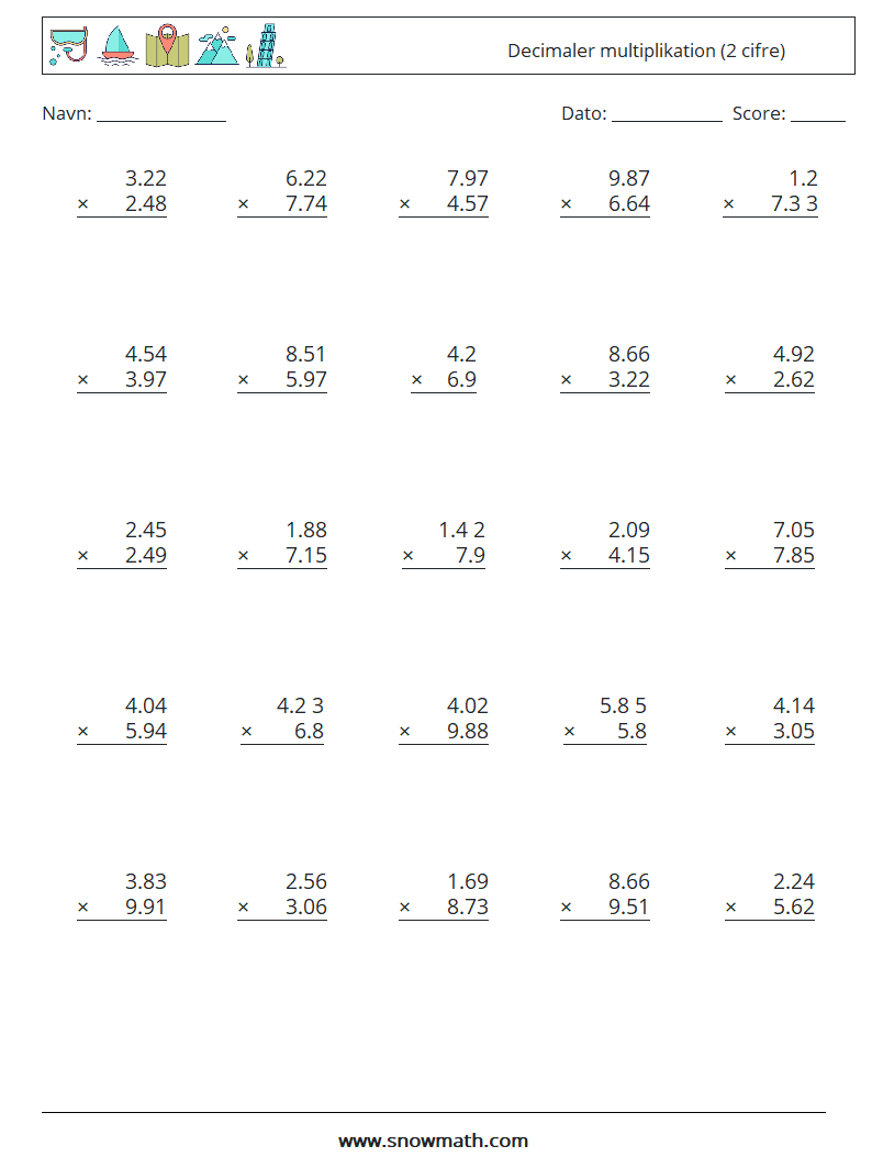 (25) Decimaler multiplikation (2 cifre) Matematiske regneark 6