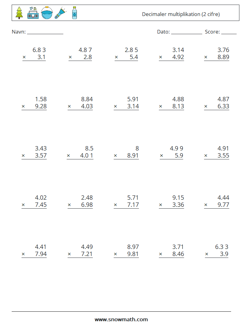 (25) Decimaler multiplikation (2 cifre) Matematiske regneark 7
