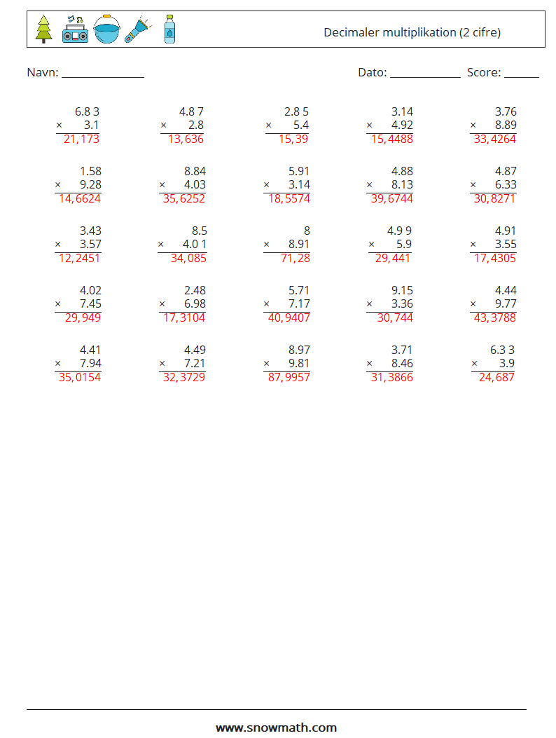 (25) Decimaler multiplikation (2 cifre) Matematiske regneark 7 Spørgsmål, svar