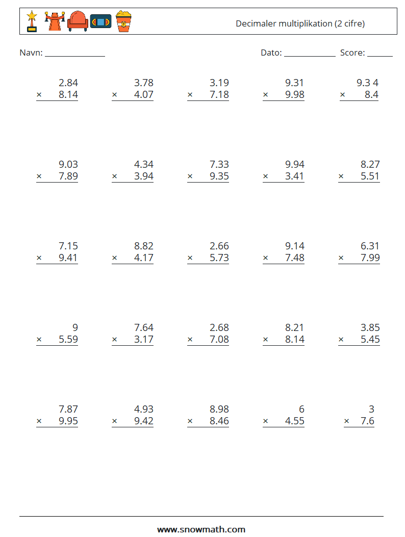 (25) Decimaler multiplikation (2 cifre) Matematiske regneark 8