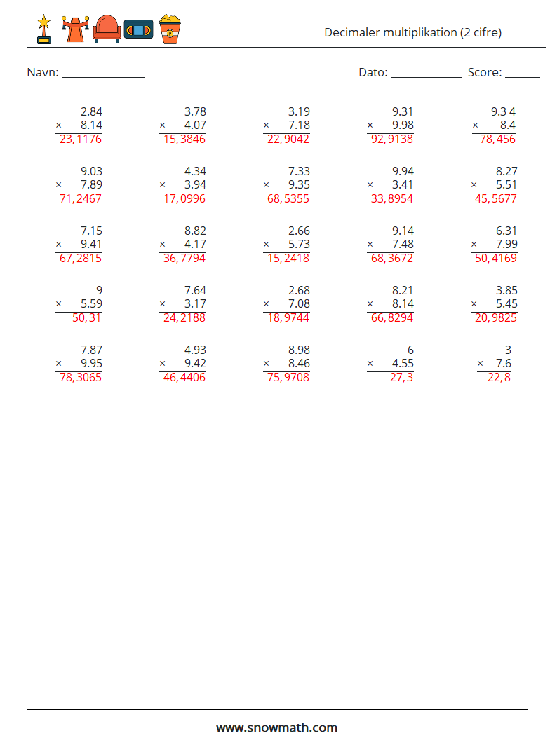 (25) Decimaler multiplikation (2 cifre) Matematiske regneark 8 Spørgsmål, svar