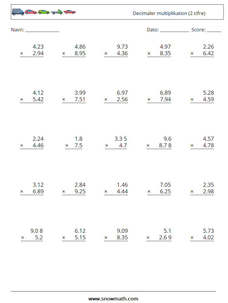 (25) Decimaler multiplikation (2 cifre) Matematiske regneark 9