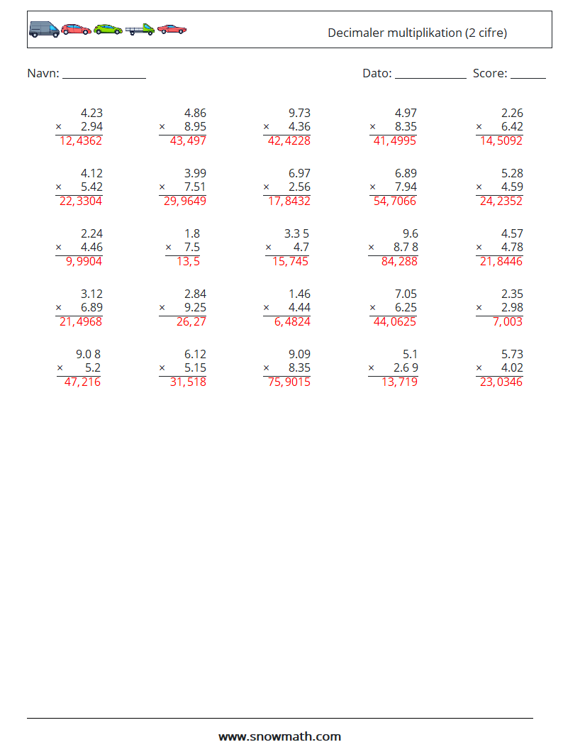 (25) Decimaler multiplikation (2 cifre) Matematiske regneark 9 Spørgsmål, svar