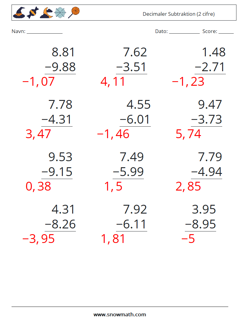 (12) Decimaler Subtraktion (2 cifre) Matematiske regneark 10 Spørgsmål, svar