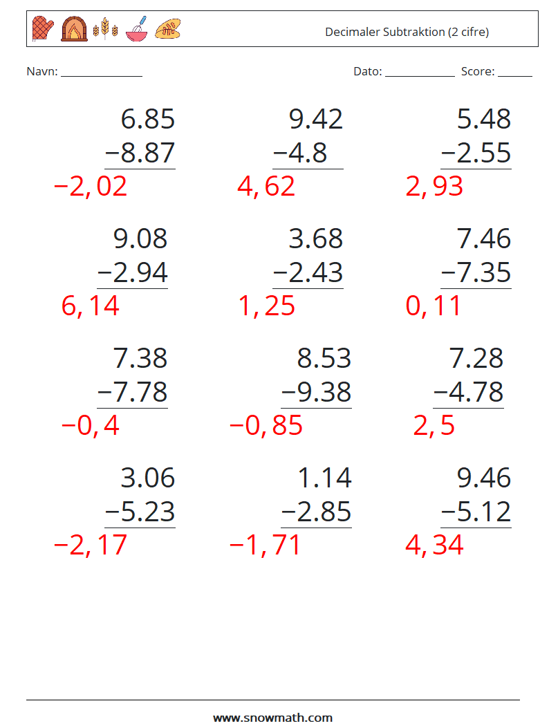(12) Decimaler Subtraktion (2 cifre) Matematiske regneark 11 Spørgsmål, svar