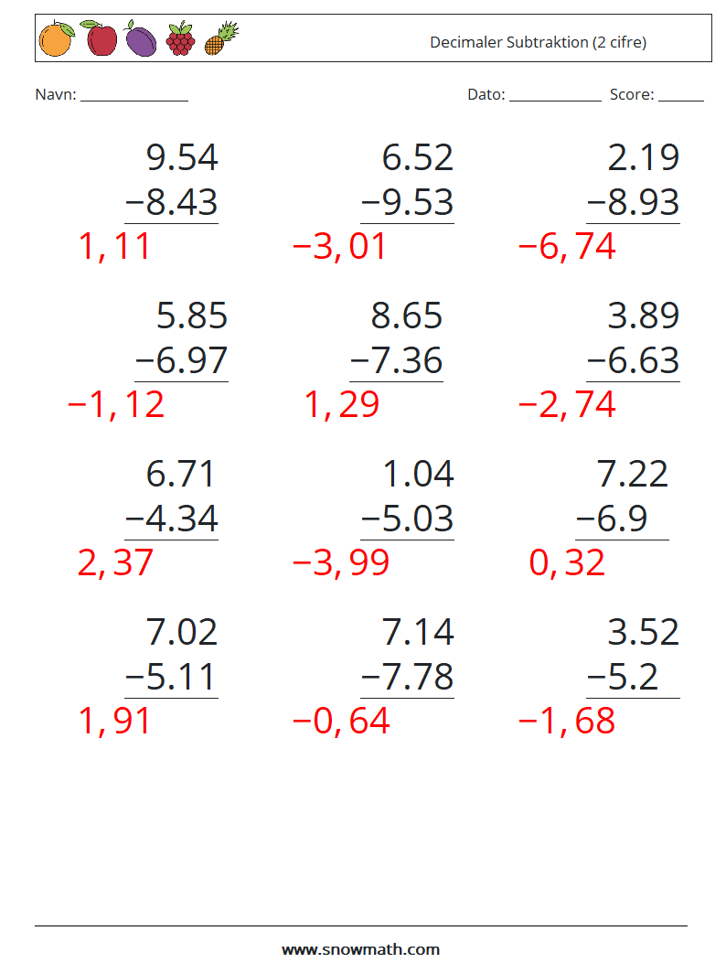 (12) Decimaler Subtraktion (2 cifre) Matematiske regneark 12 Spørgsmål, svar