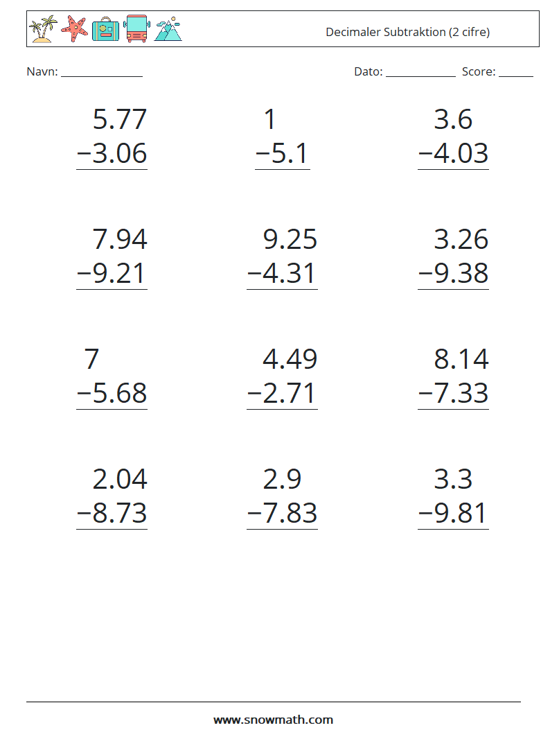 (12) Decimaler Subtraktion (2 cifre) Matematiske regneark 13