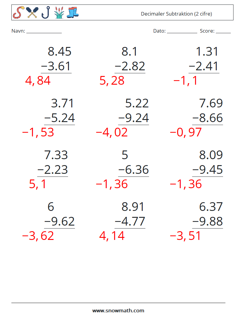 (12) Decimaler Subtraktion (2 cifre) Matematiske regneark 14 Spørgsmål, svar