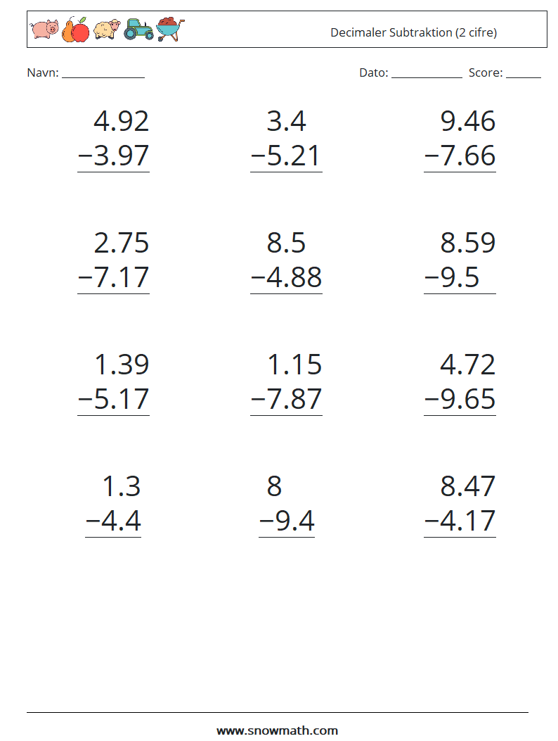 (12) Decimaler Subtraktion (2 cifre) Matematiske regneark 15