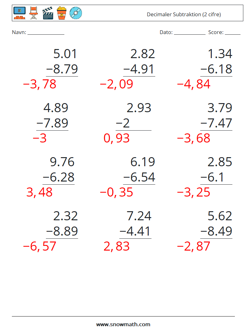 (12) Decimaler Subtraktion (2 cifre) Matematiske regneark 17 Spørgsmål, svar