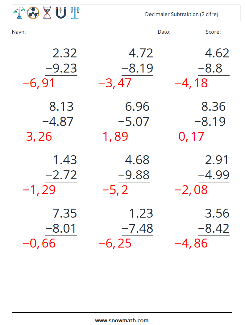 (12) Decimaler Subtraktion (2 cifre) Matematiske regneark 18 Spørgsmål, svar