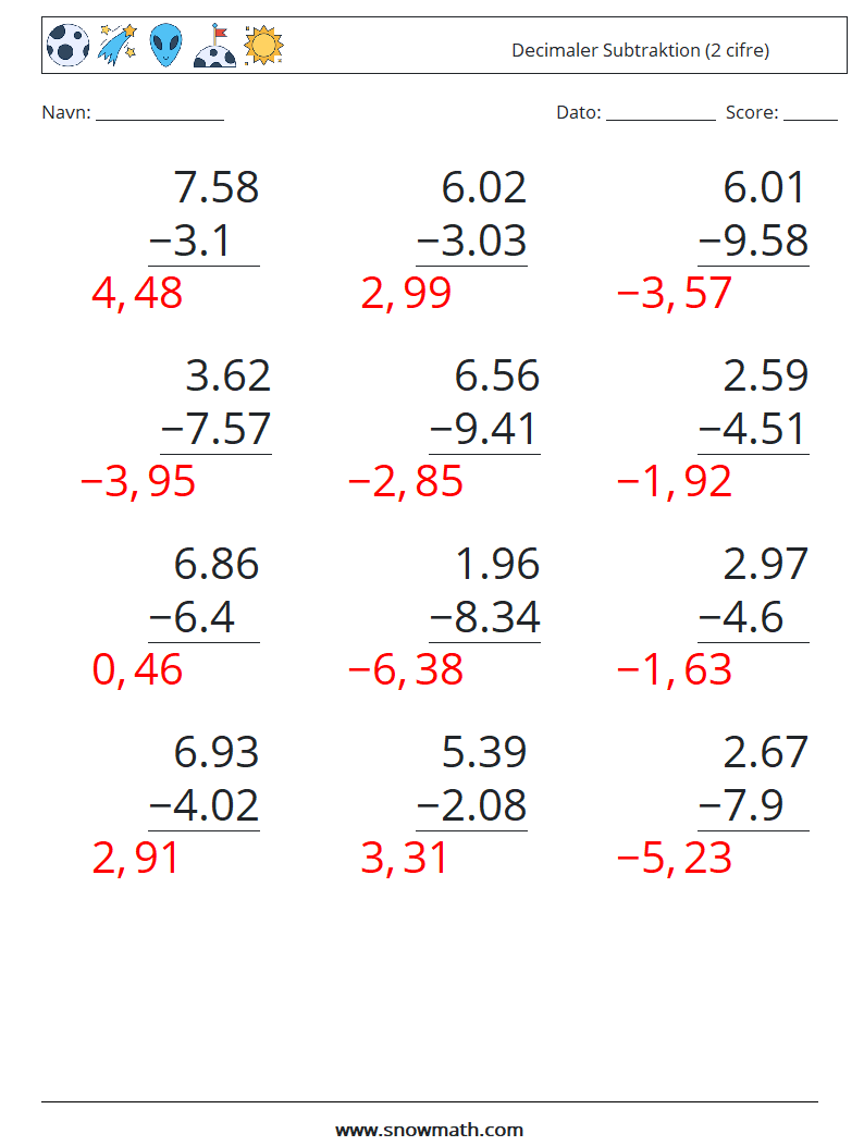 (12) Decimaler Subtraktion (2 cifre) Matematiske regneark 1 Spørgsmål, svar