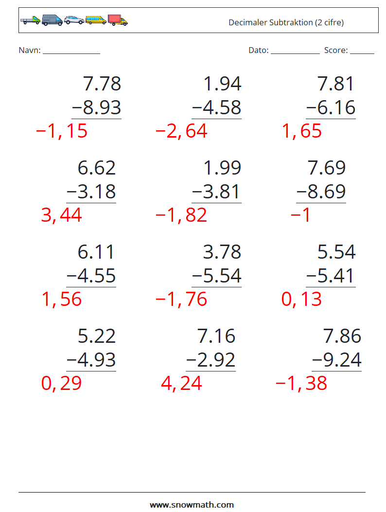 (12) Decimaler Subtraktion (2 cifre) Matematiske regneark 2 Spørgsmål, svar